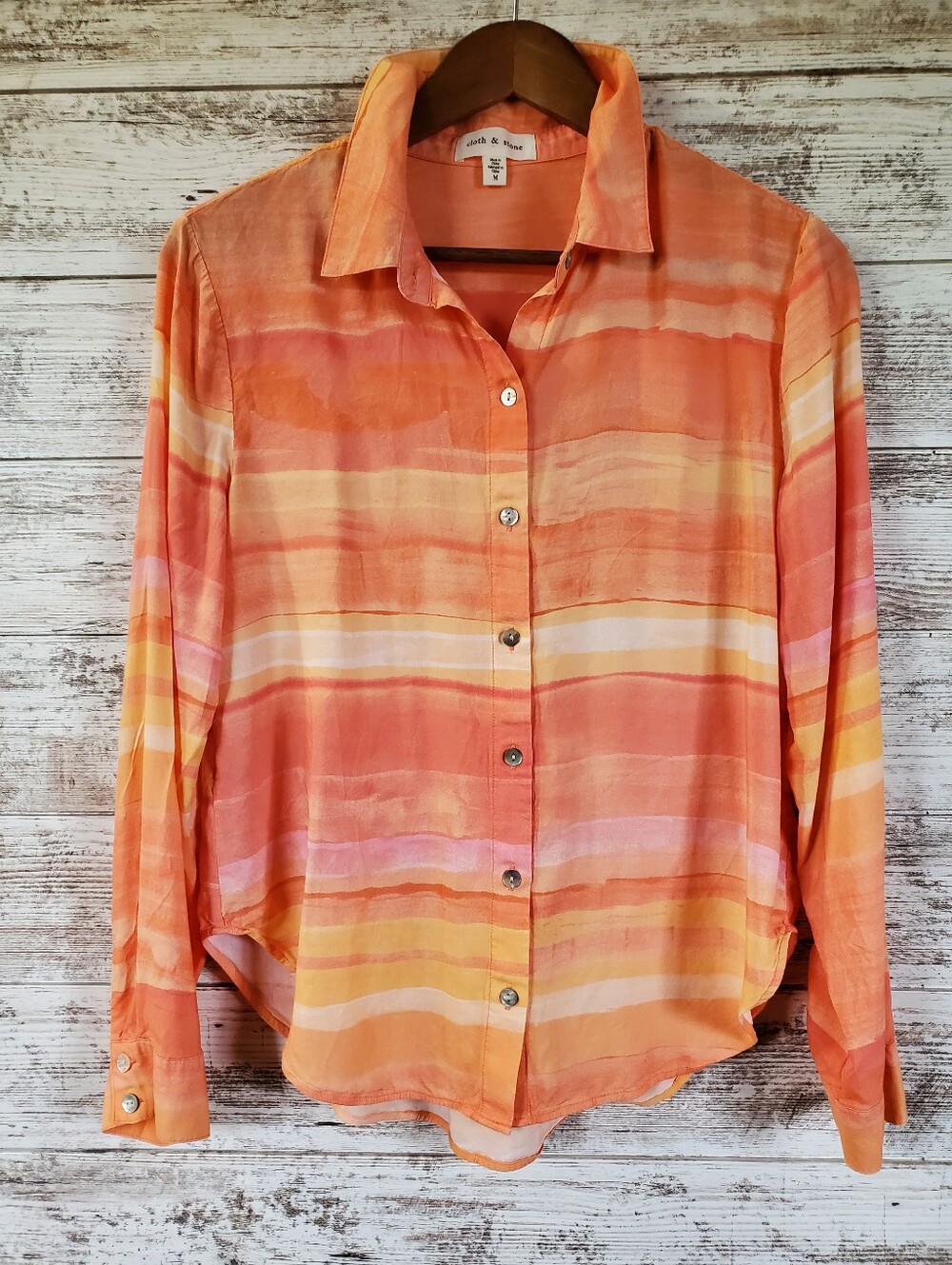 Cloth & Stone Sunset Watercolor Sun Beach Striped Vacation Blouse Rayon Shirt